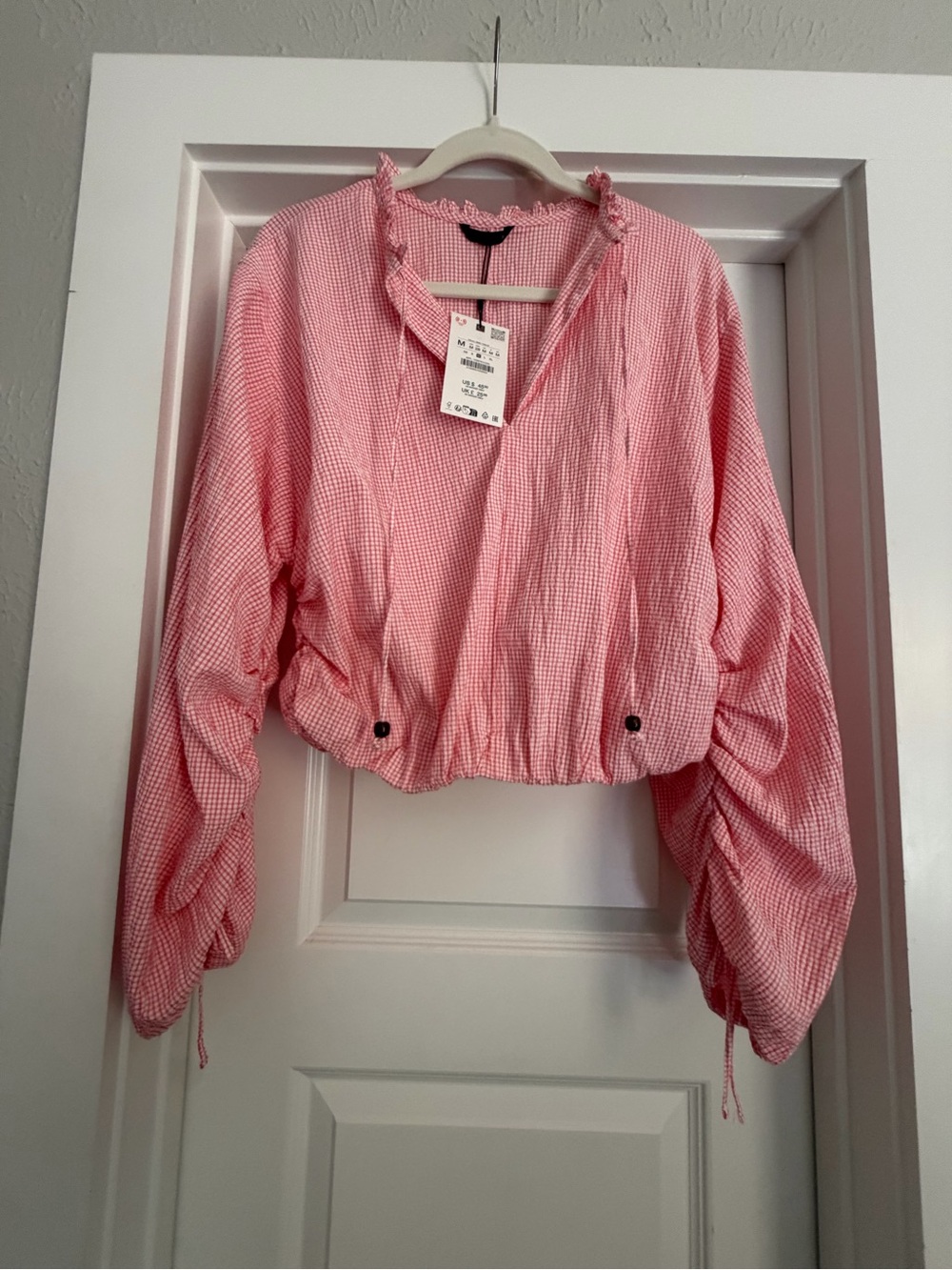 Zara Coral Gingham Cropped Blouse